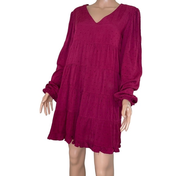Mi Amore Dress swiss dot long puff sleeve tiered lined elastic waist SZ SM wine - Picture 3 of 12